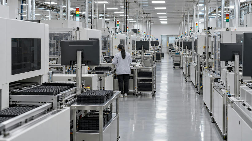 Synthetic editorial illustration. A semiconductor testing hall. An engineer seen from behind checks a black component tray among long rows of enclosed test machines, tray-loading rails and monitors facing away.