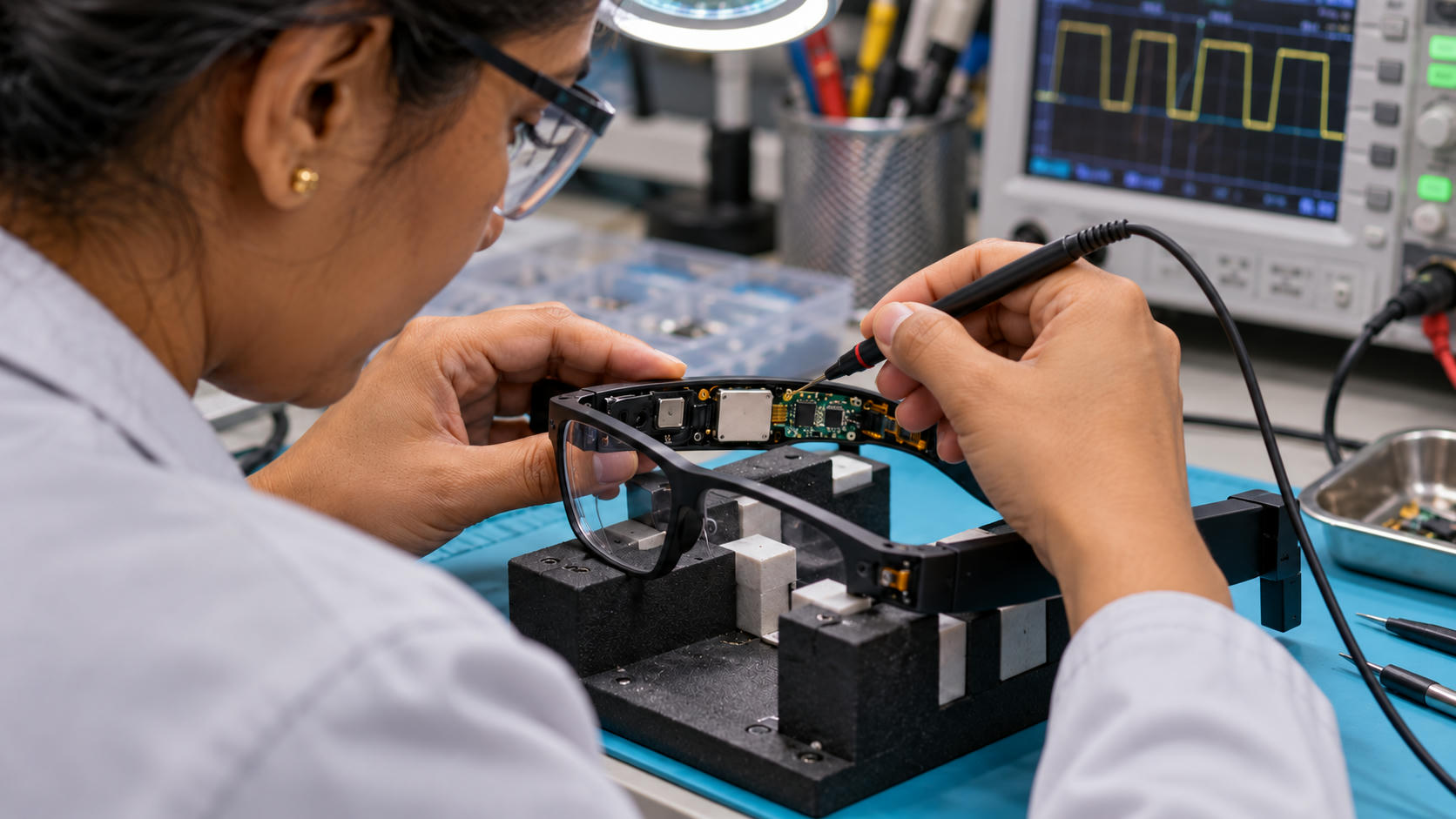 Synthetic editorial illustration. An engineer examines supported smart-glasses electronics beside an oscilloscope.