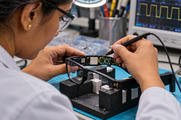 Synthetic editorial illustration. An engineer examines supported smart-glasses electronics beside an oscilloscope.
