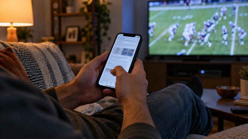 Synthetic editorial illustration. An adult uses a complete powered smartphone in a modest evening living room while a softly defocused television shows a generic American-football game in a separate deeper plane.