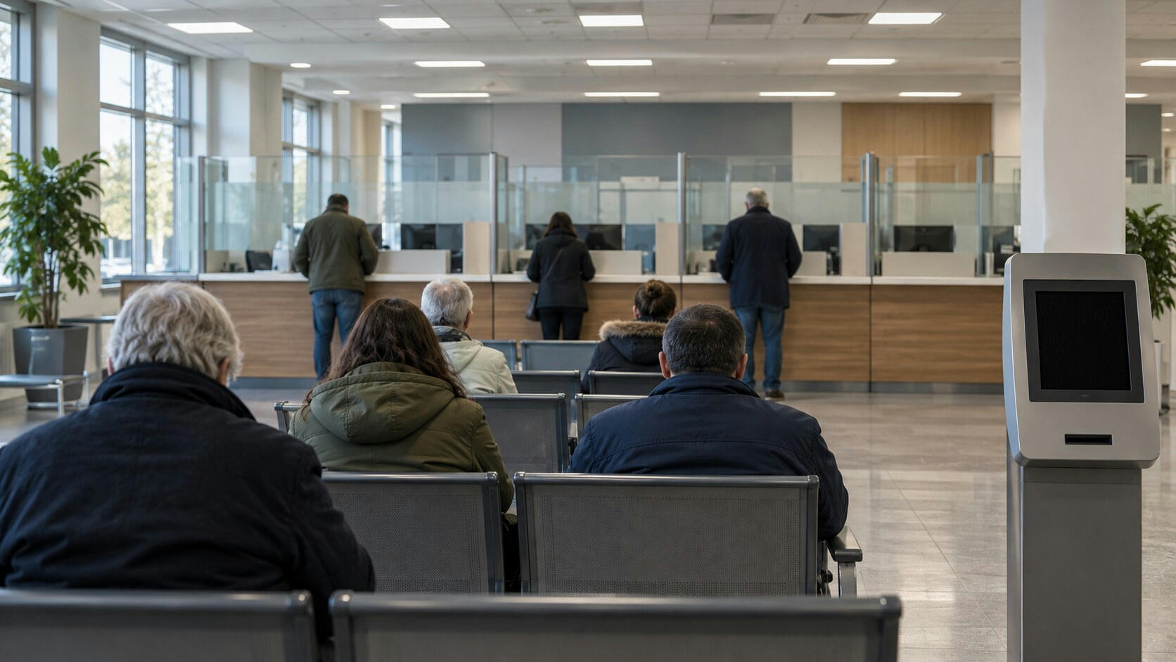 Synthetic editorial illustration. A public-service office contains a glass-partitioned counter and rows of waiting seats. Rear-facing visitors sit or stand nearby, beside a ticket machine with a blank dark display.