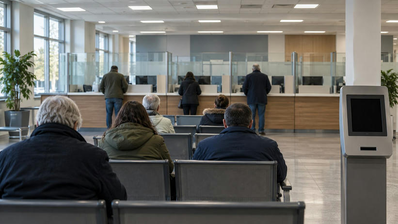 Synthetic editorial illustration. A public-service office contains a glass-partitioned counter and rows of waiting seats. Rear-facing visitors sit or stand nearby, beside a ticket machine with a blank dark display.