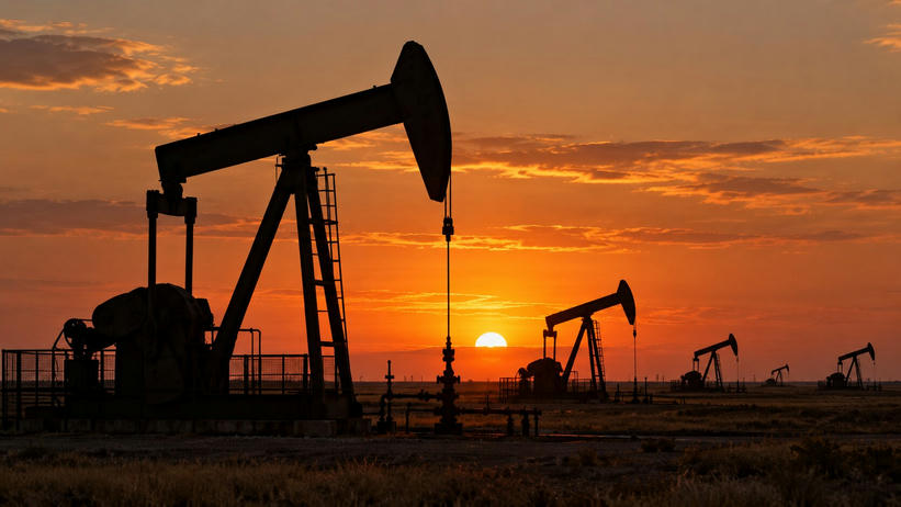 Synthetic editorial illustration. An oilfield. Several pumpjacks stand in dark silhouette across a flat scrub-covered landscape, with low pipework and fencing beneath an orange sunset sky.