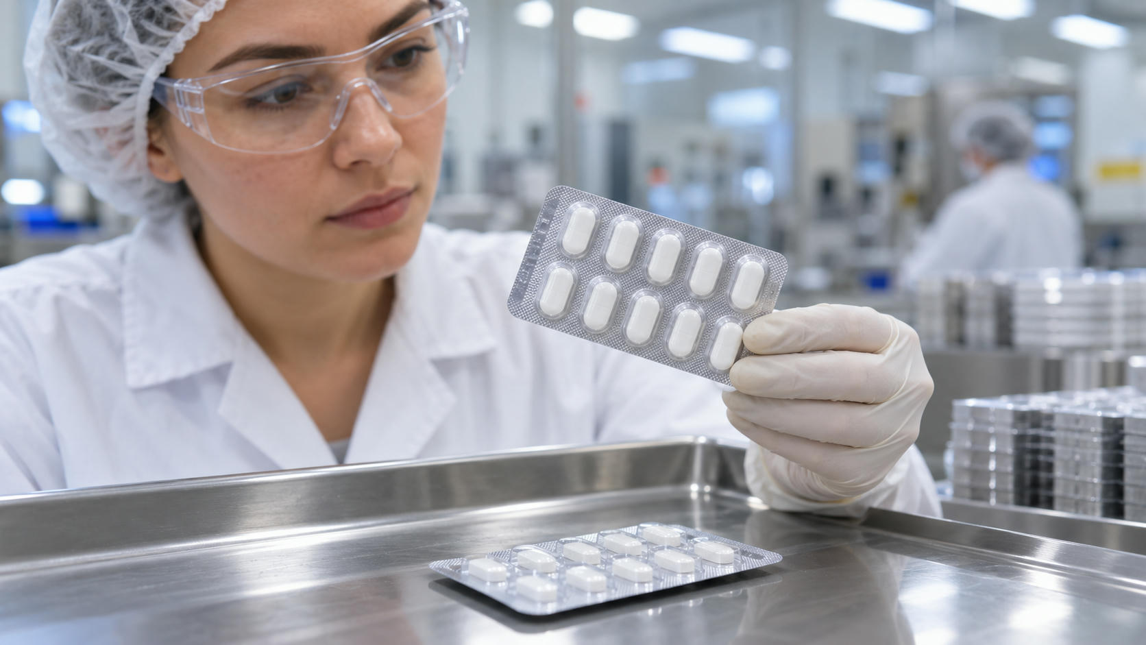 Synthetic editorial illustration. A technician wearing gloves, a hair cover and safety glasses examines a blister strip containing white tablets. Another strip rests on a stainless-steel tray in the bright production room.