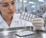 Synthetic editorial illustration. A technician wearing gloves, a hair cover and safety glasses examines a blister strip containing white tablets. Another strip rests on a stainless-steel tray in the bright production room.