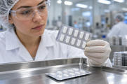 Synthetic editorial illustration. A technician wearing gloves, a hair cover and safety glasses examines a blister strip containing white tablets. Another strip rests on a stainless-steel tray in the bright production room.