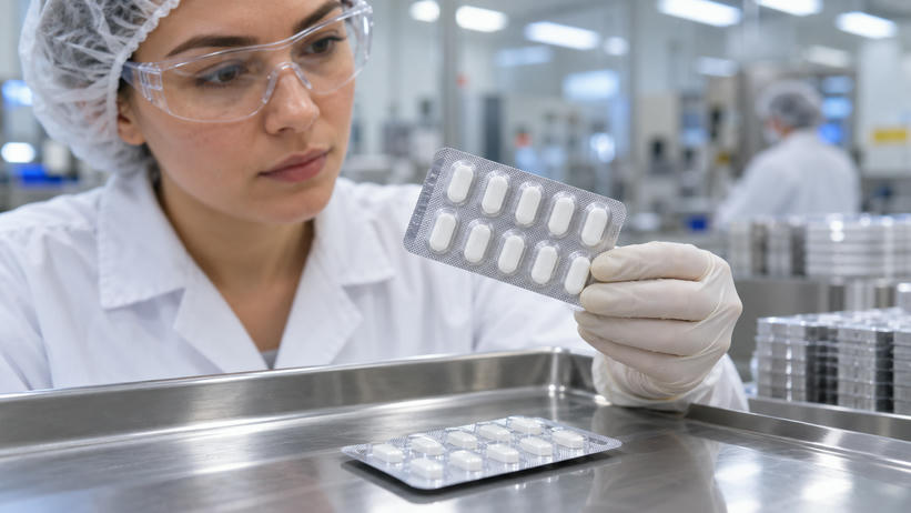 Synthetic editorial illustration. A technician wearing gloves, a hair cover and safety glasses examines a blister strip containing white tablets. Another strip rests on a stainless-steel tray in the bright production room.
