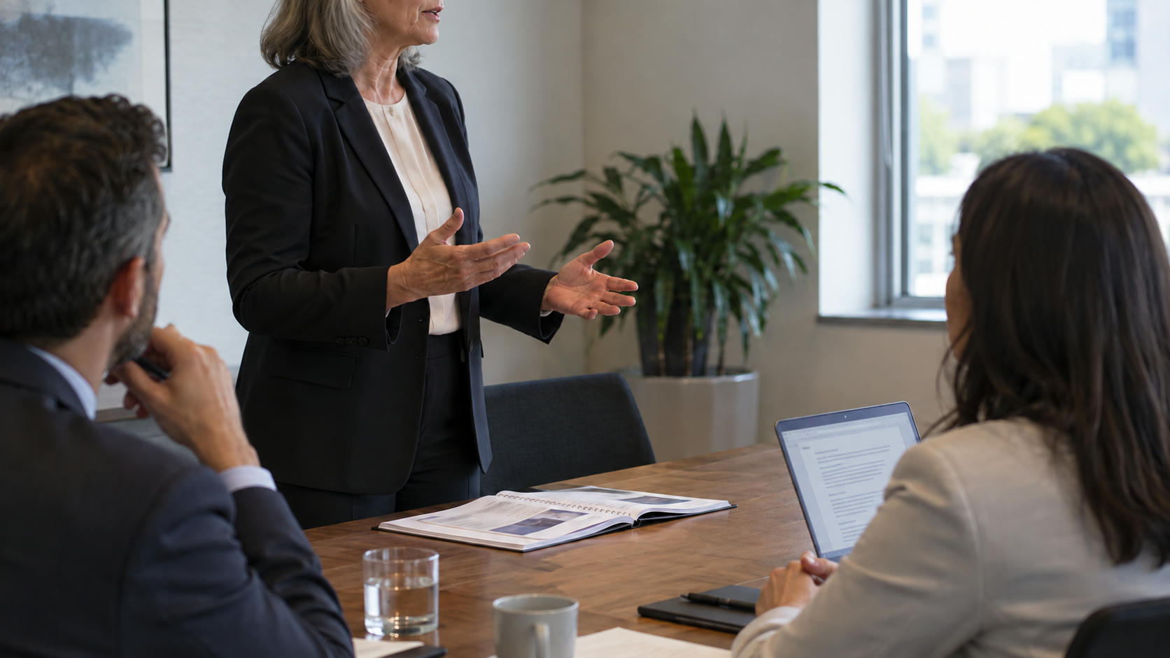 Synthetic editorial illustration. A standing adult addresses two seated colleagues around an occupied meeting table with a populated meeting pack.