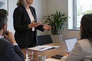 Synthetic editorial illustration. A standing adult addresses two seated colleagues around an occupied meeting table with a populated meeting pack.