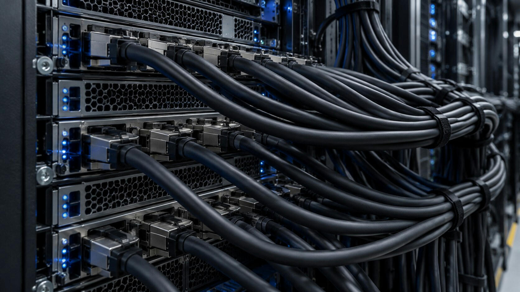 Synthetic editorial illustration. A server rack. Dense bundles of smooth dark network cables connect to metal ports across stacked equipment trays, with small blue status lights beside perforated ventilation panels.