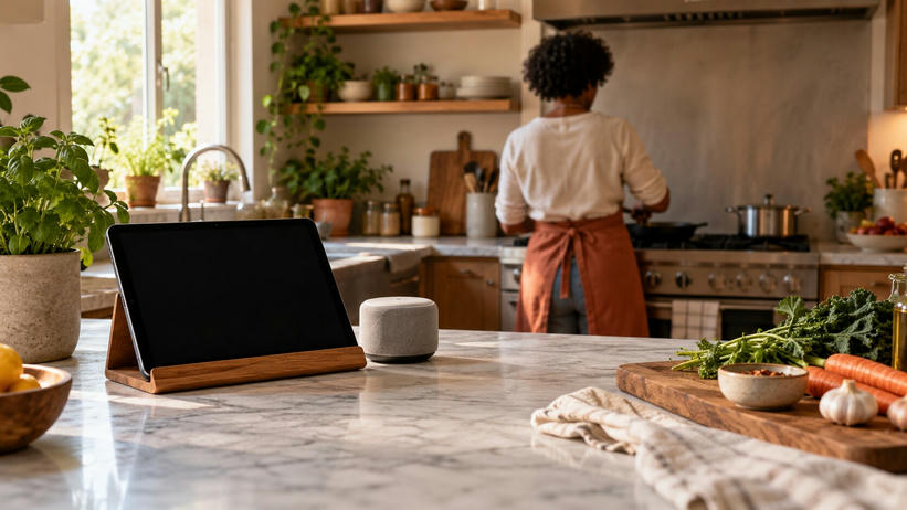 Synthetic editorial illustration. A home kitchen. A dark tablet on a wooden stand and a small fabric-covered speaker sit on the island beside vegetables, while a rear-facing person in a rust apron cooks at the stove.