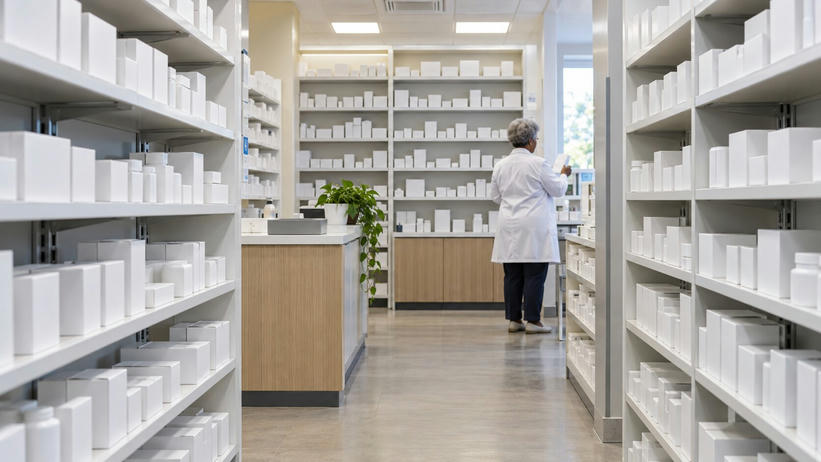 Synthetic editorial illustration. A pharmacy aisle is lined with shelves of mostly plain white boxes and bottles. A rear-facing grey-haired pharmacist in a white coat checks a small carton near the bright window.