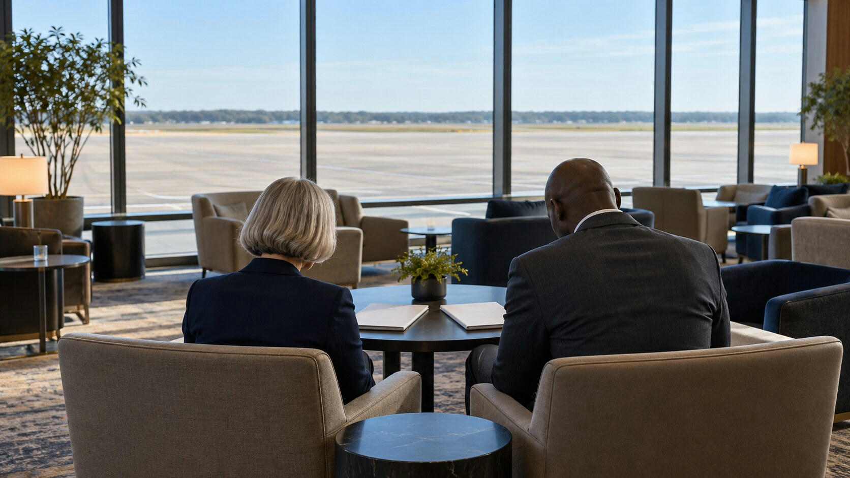 Synthetic editorial illustration. An airport business lounge. Two advisers viewed from behind sit together looking down at closed white folders on a low table, with empty apron visible through broad windows.