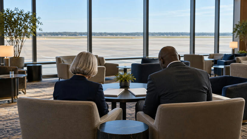 Synthetic editorial illustration. An airport business lounge. Two advisers viewed from behind sit together looking down at closed white folders on a low table, with empty apron visible through broad windows.