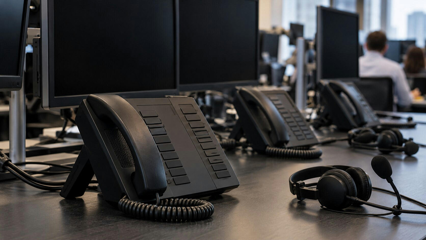 Synthetic editorial illustration. A trading desk contains multi-line phones, headsets and switched-off monitors. A close view emphasizes an unmarked black handset, blank buttons and coiled cable, with rear-facing workers blurred in the background.