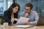 Synthetic editorial illustration. Two adults discuss a populated report beside a subtle dotted world-map glass partition and complete laptop.