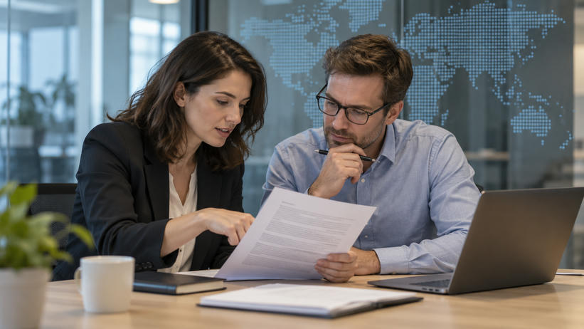 Synthetic editorial illustration. Two adults discuss a populated report beside a subtle dotted world-map glass partition and complete laptop.