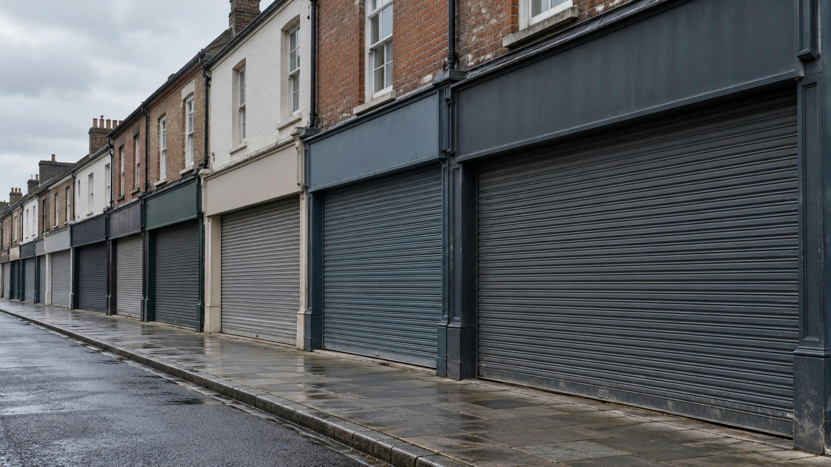Synthetic editorial illustration. A row of brick and plaster shopfronts has closed metal shutters and blank fascias. The empty pavement and wet road recede under flat grey morning light.