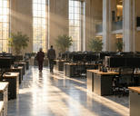 Synthetic editorial illustration. Sunbeams stream through tall windows across rows of desks and dark monitors. Two rear-facing workers walk down the central aisle.