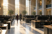 Synthetic editorial illustration. Sunbeams stream through tall windows across rows of desks and dark monitors. Two rear-facing workers walk down the central aisle.