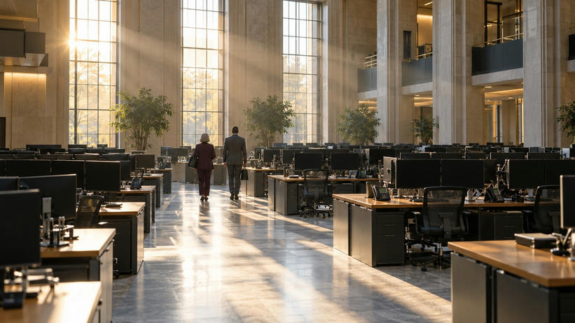 Synthetic editorial illustration. Sunbeams stream through tall windows across rows of desks and dark monitors. Two rear-facing workers walk down the central aisle.