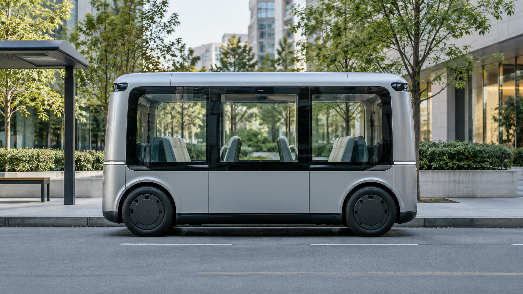 Synthetic editorial illustration. Generic purpose-built bidirectional passenger shuttle with symmetrical body, integrated discreet sensors and passenger seating but no visible steering wheel or driver controls; not a converted conventional passenger saloon. No actual named company, product, site, person or incident is depicted.