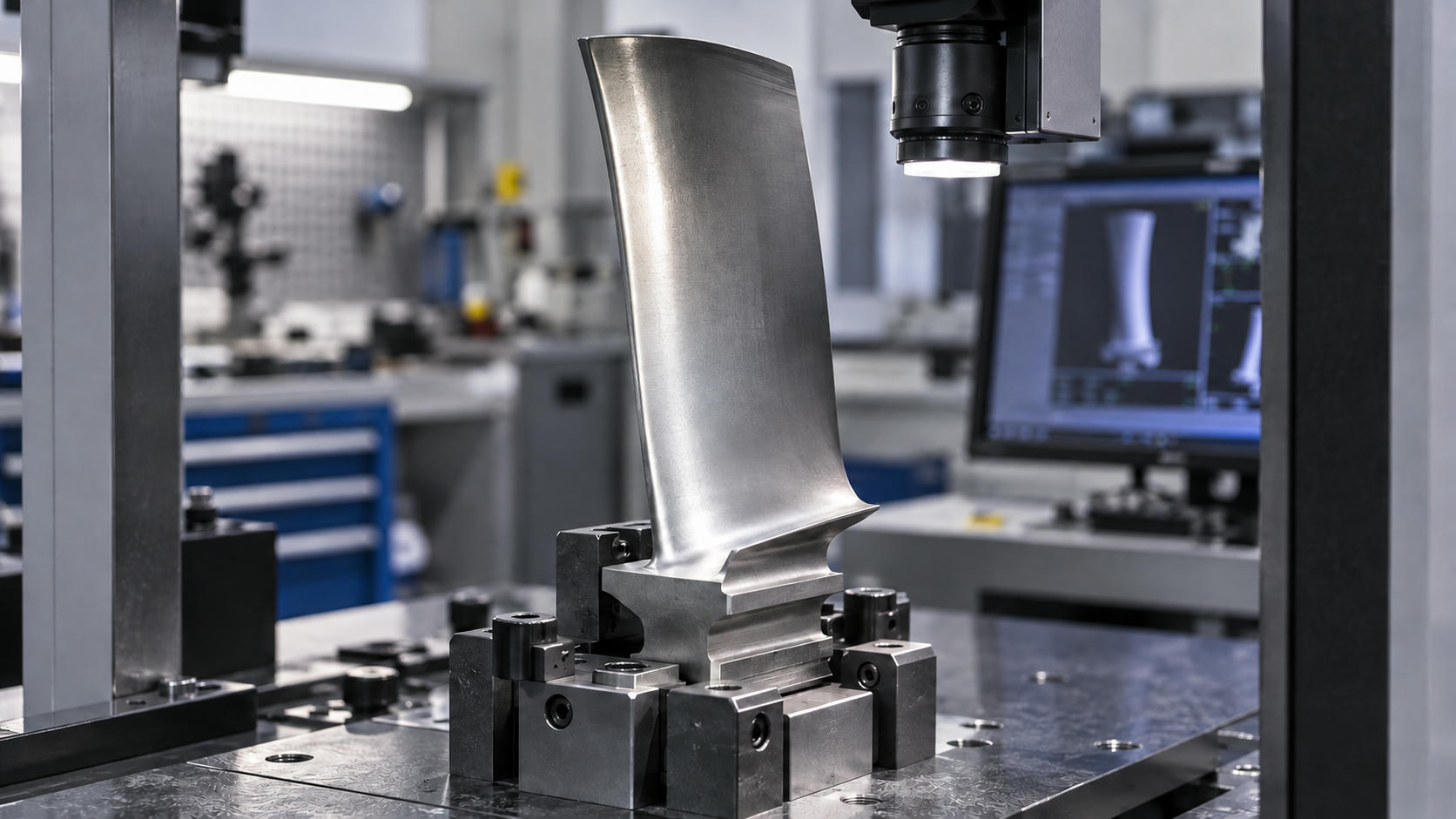 Synthetic editorial illustration. One curved metal turbine blade is held upright in an inspection fixture beneath an illuminated inspection head, with a softly defocused powered monitor behind it.