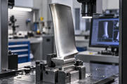 Synthetic editorial illustration. One curved metal turbine blade is held upright in an inspection fixture beneath an illuminated inspection head, with a softly defocused powered monitor behind it.