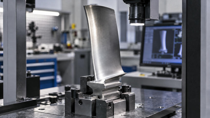 Synthetic editorial illustration. One curved metal turbine blade is held upright in an inspection fixture beneath an illuminated inspection head, with a softly defocused powered monitor behind it.