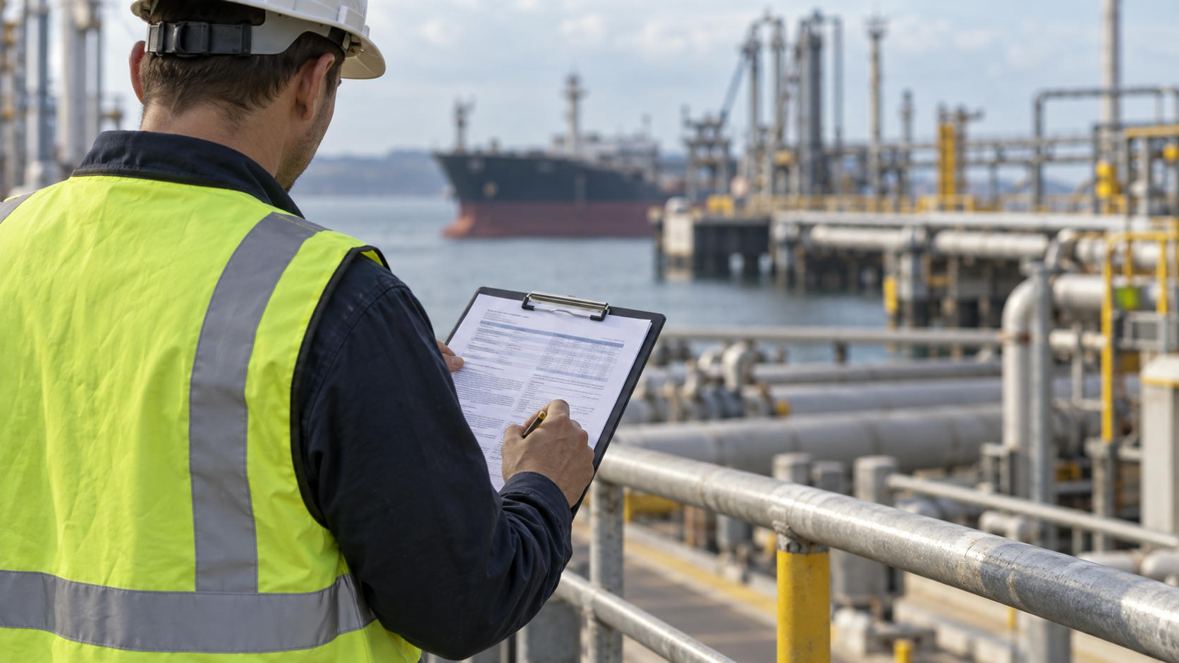Synthetic editorial illustration. A rear-view worker in plain hard hat and high-visibility vest checks a populated clipboard document beside port railings and bulk-liquid terminal pipework, with a blurred ship behind.