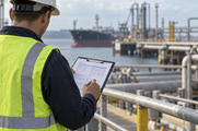 Synthetic editorial illustration. A rear-view worker in plain hard hat and high-visibility vest checks a populated clipboard document beside port railings and bulk-liquid terminal pipework, with a blurred ship behind.