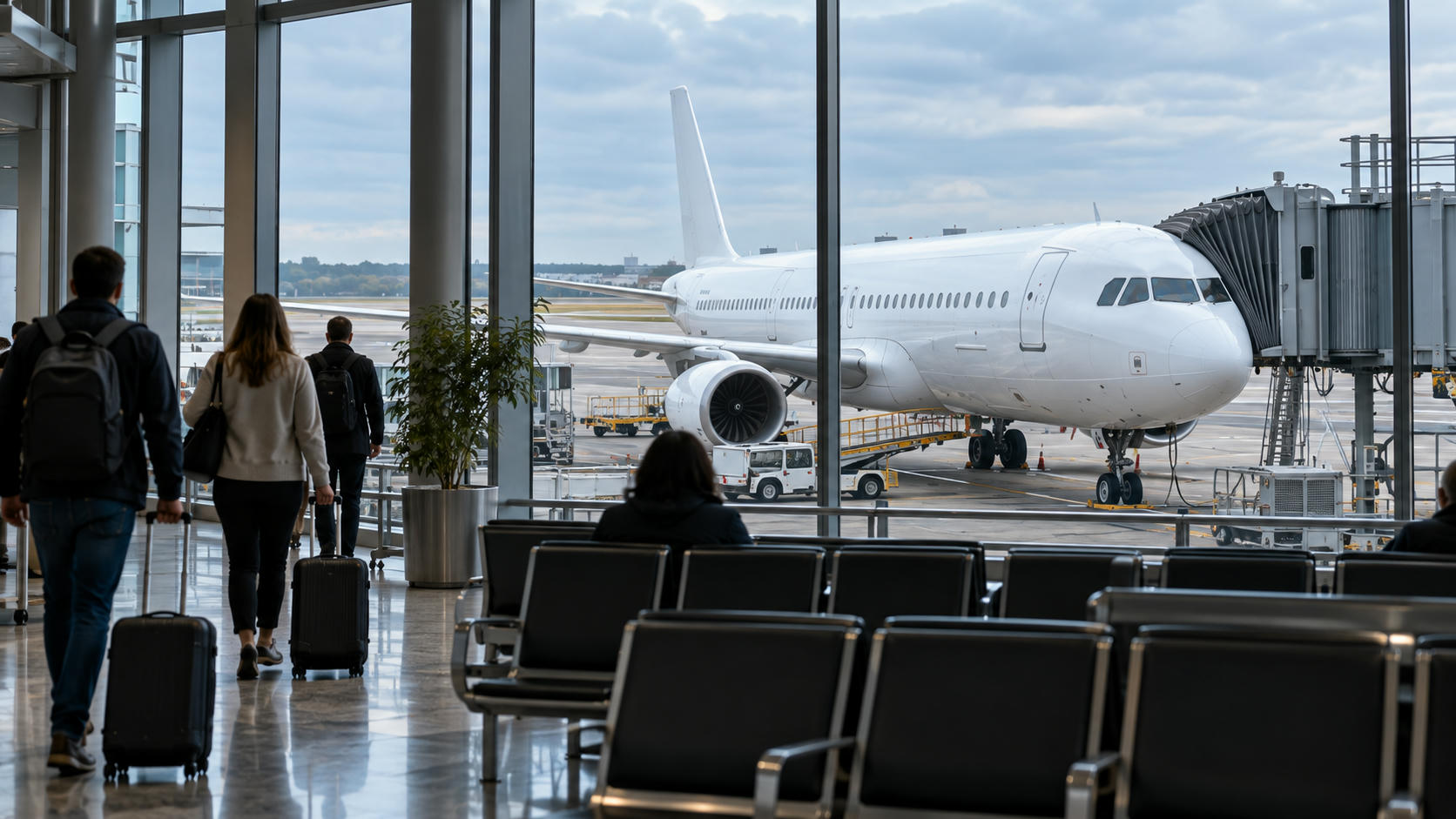 Synthetic editorial illustration. Anonymous passengers with luggage at an airport departure gate beside an unmarked passenger aircraft for travel, tourism and airline news.