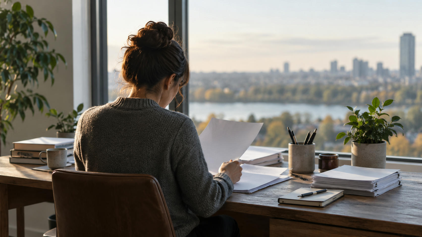 Synthetic editorial illustration. A financial researcher seen from behind working with unmarked paper reports at a modest desk by a large window, document backs facing camera, no graphs, numbers or monitor displays.
