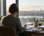 Synthetic editorial illustration. A financial researcher seen from behind working with unmarked paper reports at a modest desk by a large window, document backs facing camera, no graphs, numbers or monitor displays.