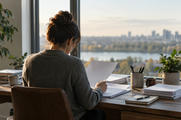 Synthetic editorial illustration. A financial researcher seen from behind working with unmarked paper reports at a modest desk by a large window, document backs facing camera, no graphs, numbers or monitor displays.