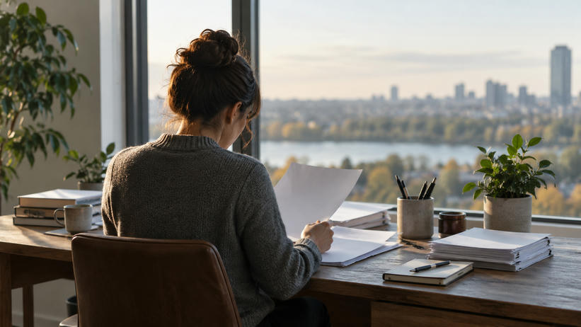 Synthetic editorial illustration. A financial researcher seen from behind working with unmarked paper reports at a modest desk by a large window, document backs facing camera, no graphs, numbers or monitor displays.