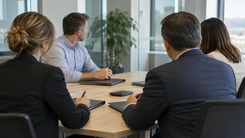 Synthetic editorial illustration. A small corporate finance meeting in an ordinary glass-walled office, anonymous treasury staff seen from behind with closed unmarked report folders and a face-down calculator, understated natural daylight.