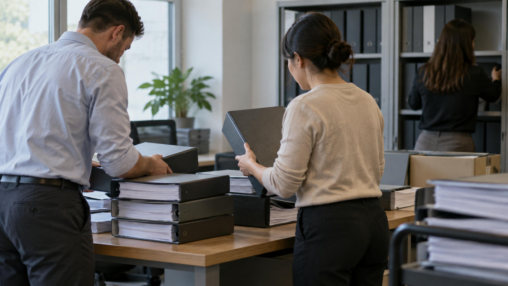 Synthetic editorial illustration. An ordinary registrar's office with anonymous colleagues sorting thick corporate record binders whose spines are blank and covers face the camera, subdued architectural context, no symbolic stock certificates.