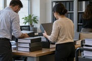 Synthetic editorial illustration. An ordinary registrar's office with anonymous colleagues sorting thick corporate record binders whose spines are blank and covers face the camera, subdued architectural context, no symbolic stock certificates.