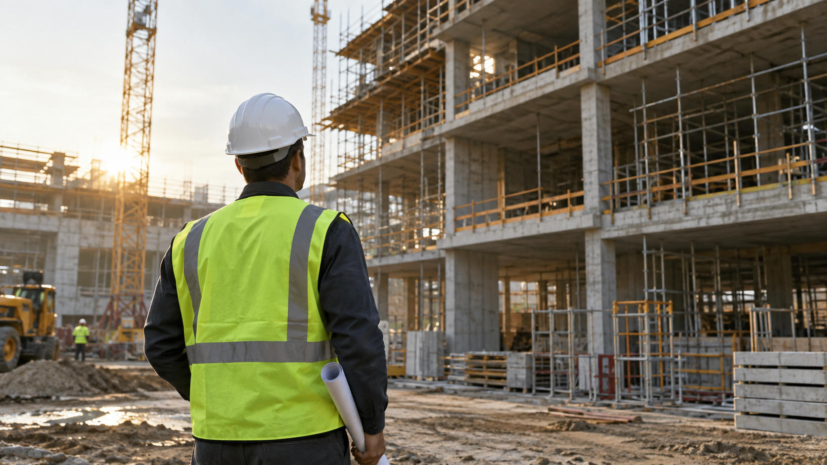 Synthetic editorial illustration. A working construction site with an anonymous engineer in plain hard hat seen from behind inspecting a partially completed commercial building, realistic scaffolding and equipment, soft morning light.