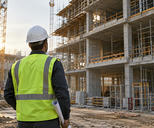Synthetic editorial illustration. A working construction site with an anonymous engineer in plain hard hat seen from behind inspecting a partially completed commercial building, realistic scaffolding and equipment, soft morning light.