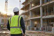 Synthetic editorial illustration. A working construction site with an anonymous engineer in plain hard hat seen from behind inspecting a partially completed commercial building, realistic scaffolding and equipment, soft morning light.
