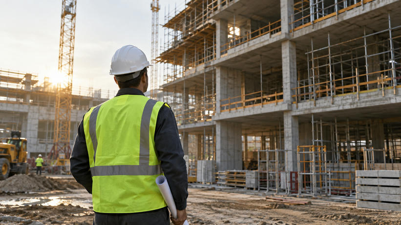 Synthetic editorial illustration. A working construction site with an anonymous engineer in plain hard hat seen from behind inspecting a partially completed commercial building, realistic scaffolding and equipment, soft morning light.