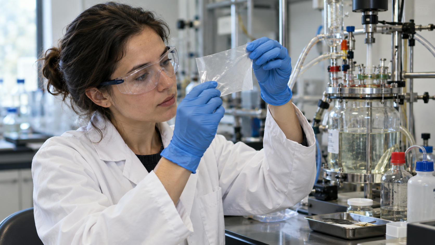Synthetic editorial illustration. A materials researcher using gloved hands to inspect a small translucent polymer film at a practical laboratory bench, glass reactor and tubing in background, real tactile textures.