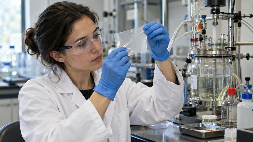Synthetic editorial illustration. A materials researcher using gloved hands to inspect a small translucent polymer film at a practical laboratory bench, glass reactor and tubing in background, real tactile textures.