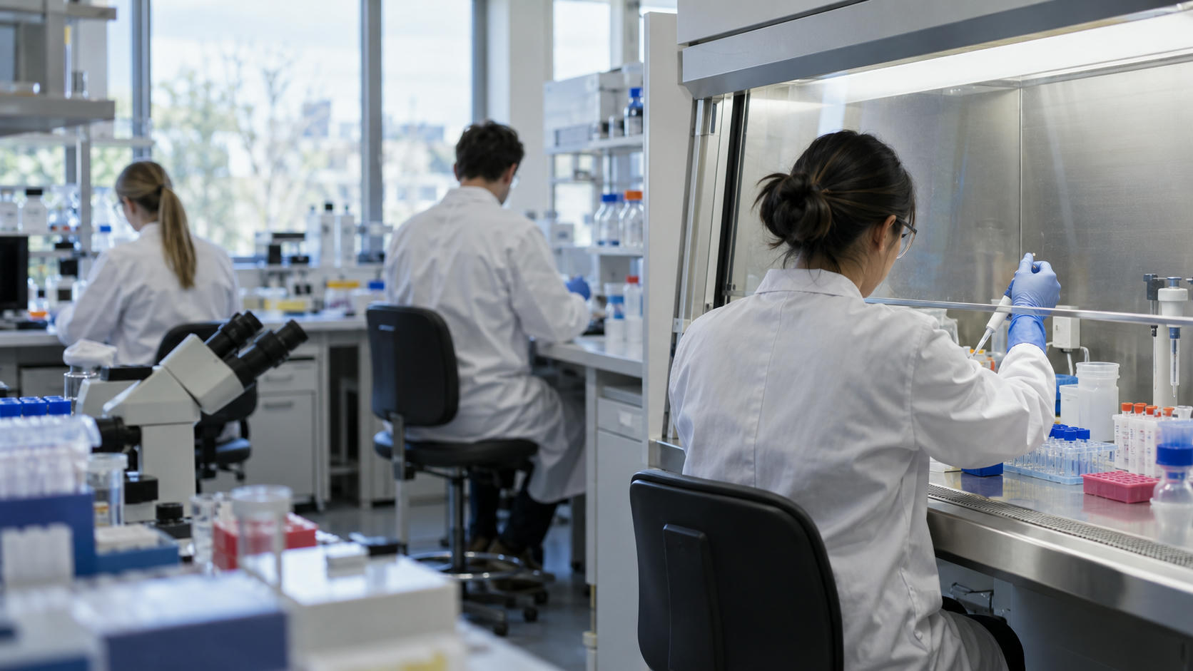 Synthetic editorial illustration. A modern biotech laboratory with anonymous researchers seen from behind working at a real-scale clean bench, practical glassware and sample racks, diffuse daylight and no labels or visible screens.