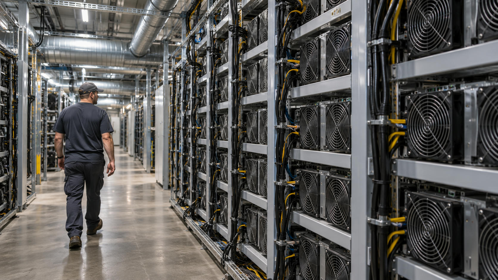 Synthetic editorial illustration. A credible unbranded digital-asset compute facility with compact processor enclosures, organized power cabling and simple cooling ducts, quiet observational industrial view, no coins or cryptocurrency logos.