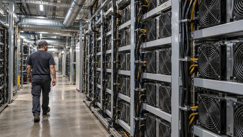 Synthetic editorial illustration. A credible unbranded digital-asset compute facility with compact processor enclosures, organized power cabling and simple cooling ducts, quiet observational industrial view, no coins or cryptocurrency logos.