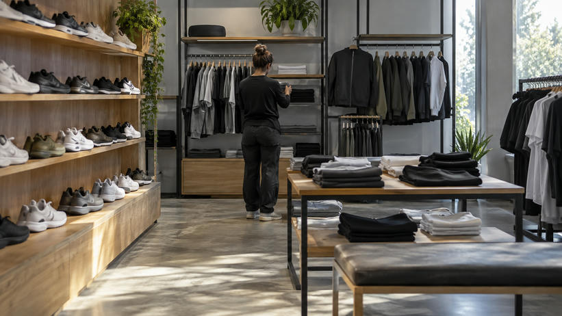 Synthetic editorial illustration. A quiet unbranded sportswear shop with orderly racks of plain trainers and athletic clothing and one shop worker seen from behind preparing the store, subdued natural daylight, no signage or discounts.