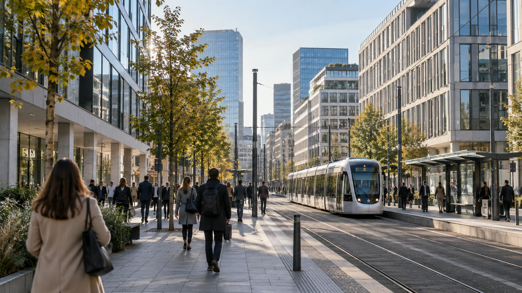 Synthetic editorial illustration. A wide documentary view of a generic continental-European business district and tram corridor during a normal morning commute, anonymous buildings and small pedestrians, no flags or recognizable monuments.